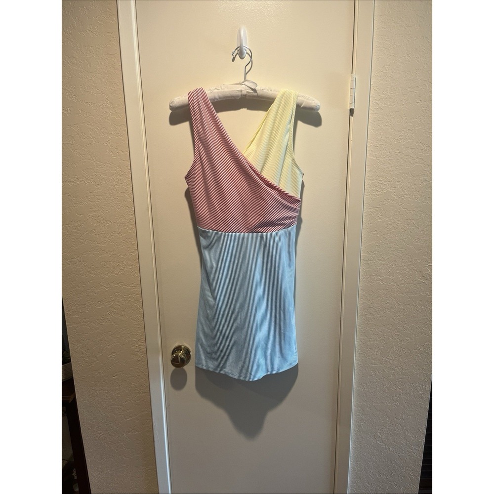 Lands End Womens Size 16W Yellow Red Blue Seersucker Striped Swim Dress Suit